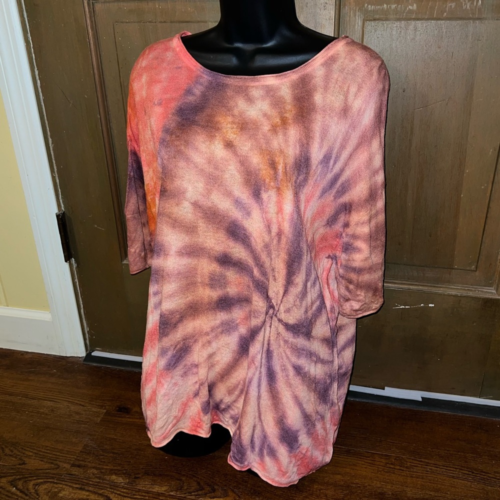 By Together Brown, Red & Purple Tie-Dye Linen Scoop Neck Short Sleeve Top Size L - Picture 3 of 13